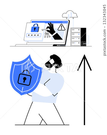 Man holding shield with padlock, symbolizing protection, in front of laptop screen showing padlock, key, and warning. Ideal for cybersecurity, data protection, privacy, online security information 132343845