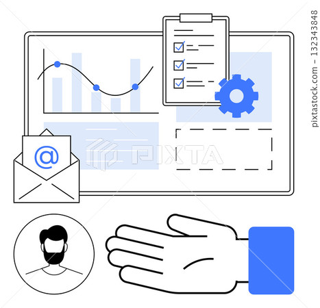 Email envelope, chart with line and bar graph, checklist, gear, profile avatar, and hand gesture. Ideal for business management, organization, communication analysis workflow teamwork data 132343848