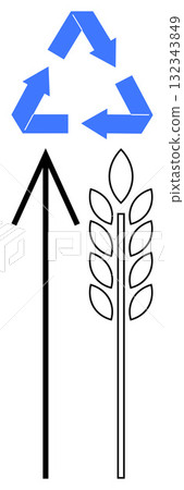 Blue recycling arrows, black vertical arrow, and wheat symbolize sustainability, recycling, growth, and environmental consciousness. Ideal for eco-friendly campaigns, agriculture, environmental 132343849