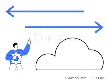 Person holding a gear points at two opposite arrows above a cloud. Ideal for cloud computing, tech support, data exchange, SaaS solutions, workflow automation, IT services, digital transformation Person holding a gear points at two opposite arrows above a cloud. Ideal for cloud computing, tech support, data exchange, SaaS solutions, workflow automation, IT services, digital transformation 132343855