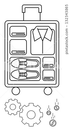 Organized suitcase with shirt, shoes, and folded clothes inside, surrounded by gears and falling coins. Ideal for travel, packing tips, business trips, vacation planning, cost management 132343865