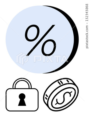 Percentage symbol inside a blue circle at top, lock signifying security, and coin with dollar sign. Ideal for finance, banking, investments, security, savings loans and economic education. Line Percentage symbol inside a blue circle at top, lock signifying security, and coin with dollar sign. Ideal for finance, banking, investments, security, savings loans and economic education. Line 132343868