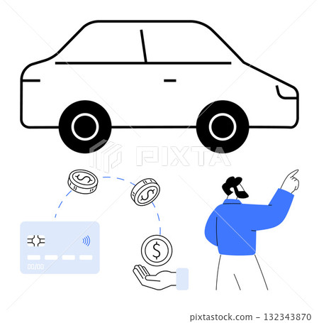 Man pointing at car, dollar coins, hand with coins, and credit card illustrating saving money on car purchases. Ideal for automotive finance, credit services, budgeting, consumer savings, car loans Man pointing at car, dollar coins, hand with coins, and credit card illustrating saving money on car purchases. Ideal for automotive finance, credit services, budgeting, consumer savings, car loans 132343870