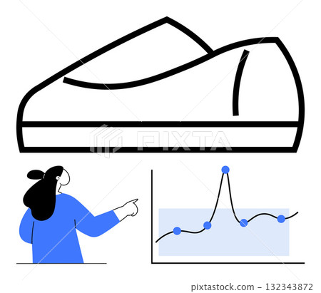 Woman pointing at data graph with line chart large shoe outline above. Ideal for business, fashion, technology, analytics, presentations, market research, shoe industry. Line metaphor 132343872