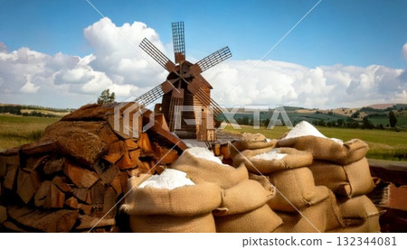 windmill and windmill in the field 132344081