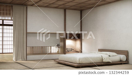 Bedroom japanese minimal style, Modern shelf wall design and tatami mat floor, room minimalist. 3D rendering Bedroom japanese minimal style, Modern shelf wall design and tatami mat floor, room minimalist. 3D rendering 132344259