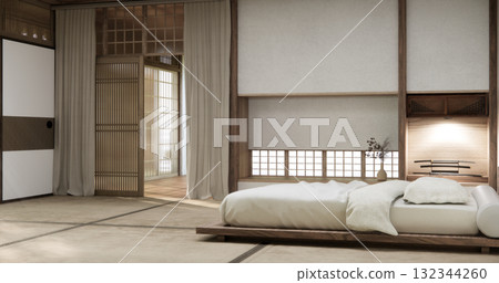 Bedroom japanese minimal style, Modern shelf wall design and tatami mat floor, room minimalist. 3D rendering Bedroom japanese minimal style, Modern shelf wall design and tatami mat floor, room minimalist. 3D rendering 132344260