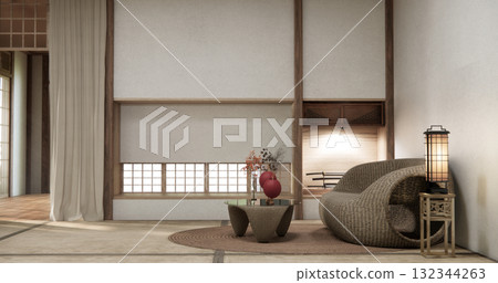 japanese Armchair sofa and table decoration on wabi sabi style. 3D illustration rendering japanese Armchair sofa and table decoration on wabi sabi style. 3D illustration rendering 132344263