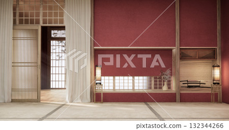 Red color Empty muji, minimal japanese wooden room interior ,minimal style.3D rendering Red color Empty muji, minimal japanese wooden room interior ,minimal style.3D rendering 132344266
