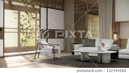 japanese Armchair sofa and table decoration on wabi sabi style. 3D illustration rendering 132344268