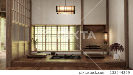 Window wall design on Japanese room with a fire pit in the middle of the room. 3D rendering 132344269