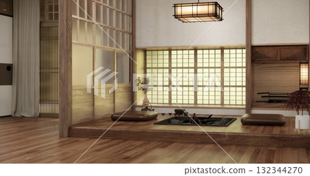 Window wall design on Japanese room with a fire pit in the middle of the room. 3D rendering Window wall design on Japanese room with a fire pit in the middle of the room. 3D rendering 132344270