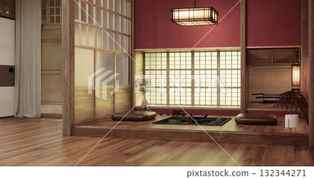 Red color Empty muji, minimal japanese wooden room interior ,minimal style.3D rendering 132344271