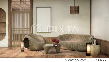 japanese Armchair sofa and table decoration on wabi sabi style. 3D illustration rendering japanese Armchair sofa and table decoration on wabi sabi style. 3D illustration rendering 132344277