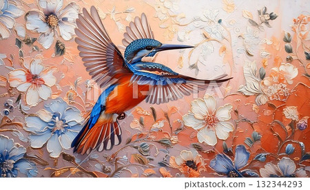 colorful peacock and flowers in the watercolor 132344293