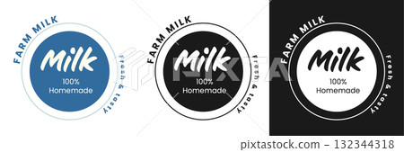 Three logos representing a milk brand emphasize fresh and tasty homemade qualities. Each design reflects a commitment to organic farming and environmental conservation. 132344318