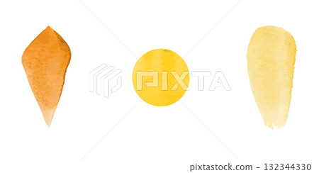 An illustration shows abstract watercolor elements. There are orange and yellow shapes and petals, set against a clean white background. The style is painterly. An illustration shows abstract watercolor elements. There are orange and yellow shapes and petals, set against a clean white background. The style is painterly. 132344330