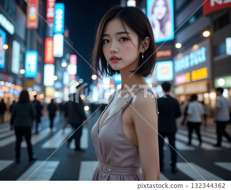 A woman wearing a sleeveless dress stands on a street in a busy downtown area at night 132344362