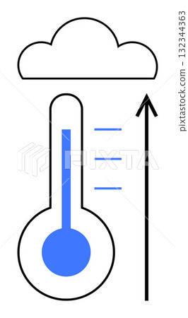 Thermometer showing rising temperatures cloud icon upward arrow. Ideal for climate, environment, global warming, weather, change, ecology, sustainability themes. Line metaphor 132344363