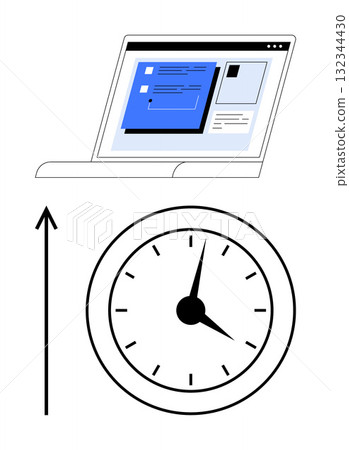 Laptop with open web, v19pages above a clock arrow pointing up. Ideal for time management, productivity, efficiency, focus, planning, growth, improvement. Line metaphor Laptop with open web, v19pages above a clock arrow pointing up. Ideal for time management, productivity, efficiency, focus, planning, growth, improvement. Line metaphor 132344430