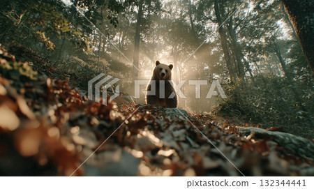 This is a fantastical photo of a bear standing in the middle of the forest, bathed in morning light. The soft, backlit fur This is a fantastical photo of a bear standing in the middle of the forest, bathed in morning light. The soft, backlit fur 132344441