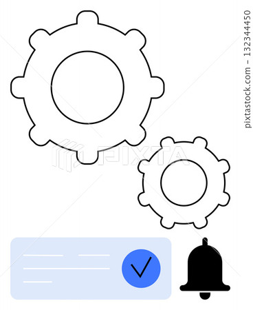 Two gears of different sizes next to a notification bell and a blue-checkbox task element. Ideal for task management, notifications, productivity, workflows, settings, user interface, project Two gears of different sizes next to a notification bell and a blue-checkbox task element. Ideal for task management, notifications, productivity, workflows, settings, user interface, project 132344450