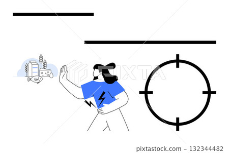 Female figure in blue shirt raising hand towards factory and crops, accompanied by crosshair target. Ideal for environmental protection, industry regulation, sustainable farming, health impact Female figure in blue shirt raising hand towards factory and crops, accompanied by crosshair target. Ideal for environmental protection, industry regulation, sustainable farming, health impact 132344482