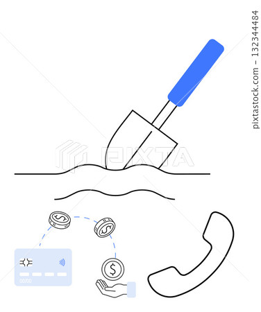 Shovel digging in soil, bank card, coins, hand holding coin, and phone handset. Ideal for finance, business, investment customer service banking communication financial transactions. Line 132344484