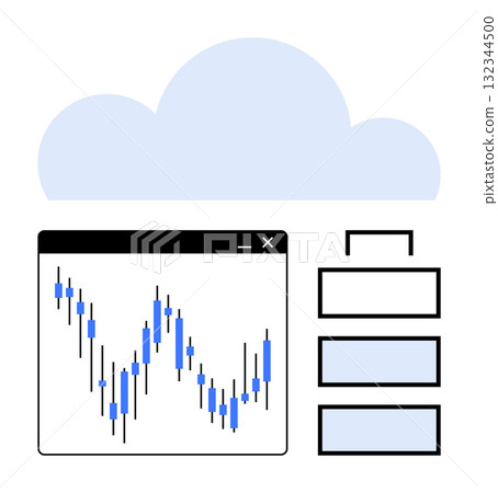Chart graph within a window next to an organizational chart and a cloud icon. Ideal for cloud computing, data visualization, business strategies, technology, data management, teamwork, project 132344500