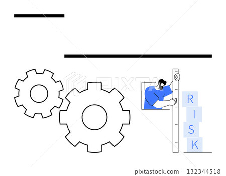 Man in blue shirt measuring stack of blocks labeled RISK near two cogwheels. Ideal for business strategy, risk management, operational efficiency, process optimization, project planning, quality Man in blue shirt measuring stack of blocks labeled RISK near two cogwheels. Ideal for business strategy, risk management, operational efficiency, process optimization, project planning, quality 132344518