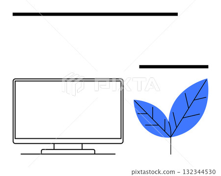 Minimalist computer monitor paired with stylized blue leaf plant. Ideal for eco-friendly workspaces, sustainable living, tech innovation, green initiatives, modern decor, minimalist design 132344530