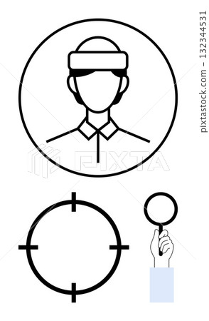 Person in a circular frame above crosshair symbol and hand holding a magnifying glass. Ideal for business, focus, target audience, analysis, search, strategy, investigation. Line metaphor 132344531