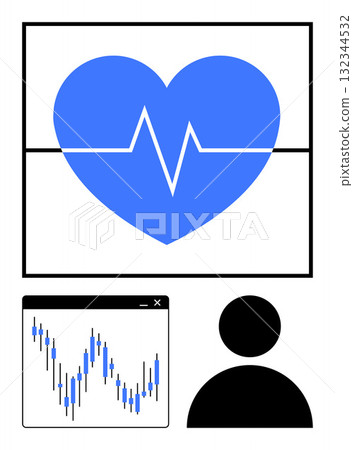 Blue heart with heartbeat line, stock market candlestick chart, and silhouette of a person. Ideal for health monitoring, financial analysis, user profiles, personal well-being, healthcare technology 132344532