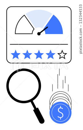 Rating meter with 4 blue stars and 1 empty star, magnifying glass, stack of falling blue coins with dollar sign. Ideal for customer feedback, performance review, financial analysis, quality control 132344533
