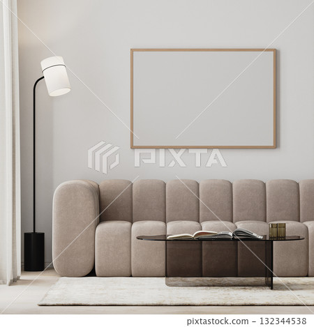wooden picture frame mock-up in modern living room interior with beige sofa and glass coffee table, 3d render 132344538
