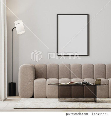 poster frame mock-up in modern living room interior with beige sofa and glass coffee table, 3d render poster frame mock-up in modern living room interior with beige sofa and glass coffee table, 3d render 132344539