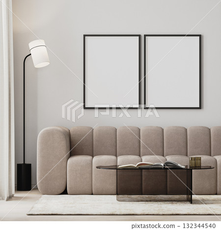 two poster frames mock-up in modern living room interior with beige sofa and glass coffee table, 3d render two poster frames mock-up in modern living room interior with beige sofa and glass coffee table, 3d render 132344540