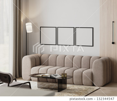 blank square frames mock-up in modern living room interior with beige sofa, floor lamp near curtains, glass coffee table and armchair, 3d render blank square frames mock-up in modern living room interior with beige sofa, floor lamp near curtains, glass coffee table and armchair, 3d render 132344547