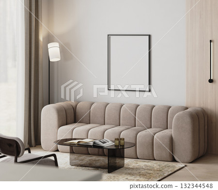 blank frame mock-up in modern living room interior with beige sofa, floor lamp near curtains, glass coffee table and armchair, 3d render blank frame mock-up in modern living room interior with beige sofa, floor lamp near curtains, glass coffee table and armchair, 3d render 132344548