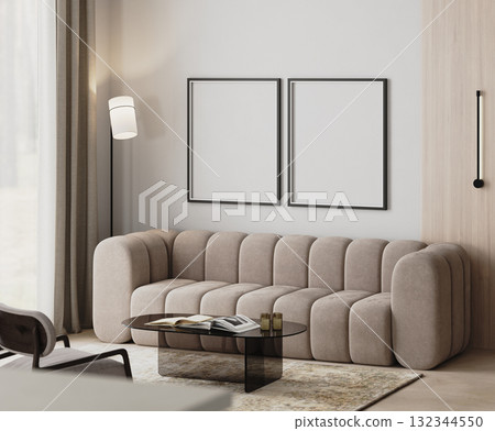 blank frames mock-up in modern living room interior with beige sofa, floor lamp near curtains, glass coffee table and armchair, 3d render blank frames mock-up in modern living room interior with beige sofa, floor lamp near curtains, glass coffee table and armchair, 3d render 132344550