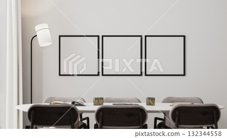 empty three square frames mock-up in meeting room interior with long desk,modern chairs and floor lamp, 3d render 132344558
