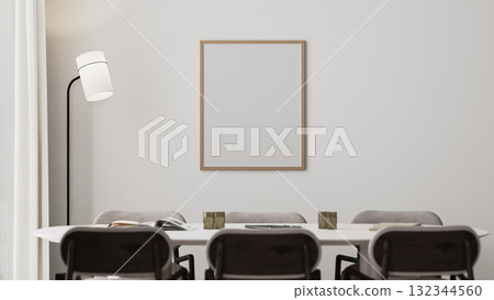 empty wooden frame mock-up in meeting room interior with long desk,modern chairs and floor lamp, 3d render 132344560