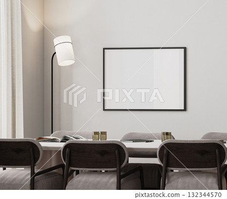 picture frame mock-up in meeting room interior with long desk,modern chairs and floor lamp, 3d render 132344570