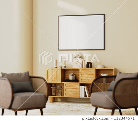 blank horizontal frame mock-up in cozy living room corner with wooden cabinet with decor and soft armchairs, 3d render 132344571