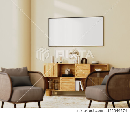 blank horizontal frame mock-up in cozy living room corner with wooden cabinet with decor and soft armchairs, 3d render blank horizontal frame mock-up in cozy living room corner with wooden cabinet with decor and soft armchairs, 3d render 132344574