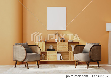 canvas mock-up in bright orange wall interior, living room with armchairs and cabinets, wall mock-up, 3d render 132344587