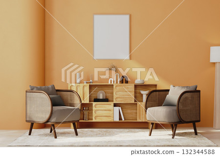 wooden frame mock-up in bright orange wall interior, living room with armchairs and cabinets, wall mock-up, 3d render 132344588