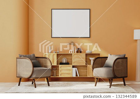 horizontal  frame mock-up in bright orange wall interior, living room with armchairs and cabinets, wall mock-up, 3d render 132344589