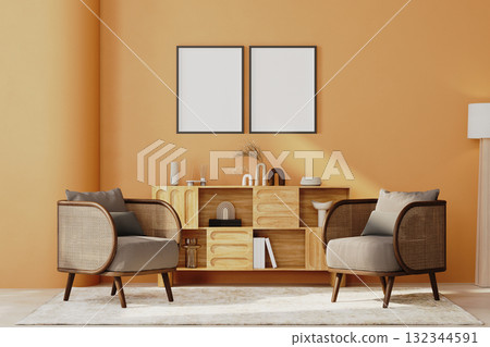 two poster frames mock-up in bright orange wall interior, living room with armchairs and cabinets, wall mock-up, 3d render 132344591