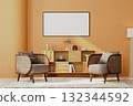 horizontal  frame mock-up in bright orange wall interior, living room with armchairs and cabinets, wall mock-up, 3d render 132344592